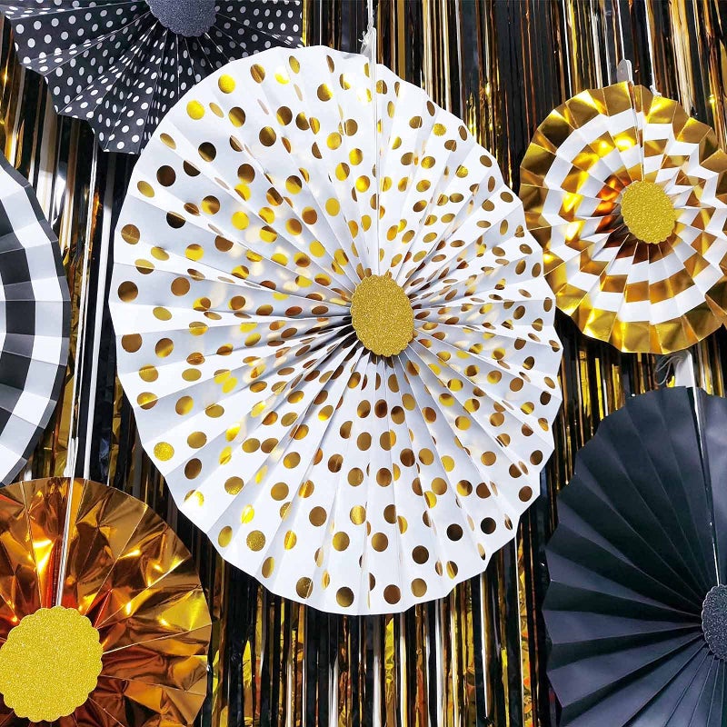 Hola Fiesta,Gold Black Paper Fans Flower for Halloween Party Decorations,black2,Set of 8 - Image 4